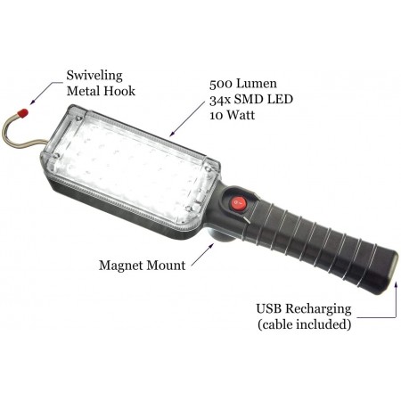 Lampada portatile led 700 lm gancio lavoro auto meccanico con cavo ricaricabile