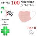 100x MASCHERINE TIPO II BAMBINI CERTIFICATE CE ROSA monouso Naso Bocca viso