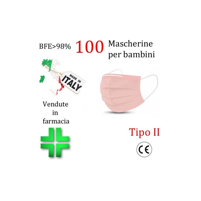 100x MASCHERINE TIPO II BAMBINI CERTIFICATE CE ROSA monouso Naso Bocca viso