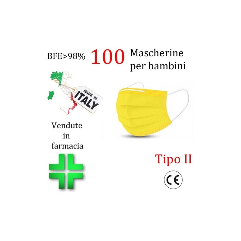 100x MASCHERINE TIPO II BAMBINI CERTIFICATE CE GIALLO monouso Naso Bocca viso