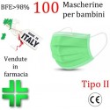 100x MASCHERINE TIPO II BAMBINI CERTIFICATE CE VERDE monouso Naso Bocca viso