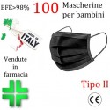 100x MASCHERINE TIPO II BAMBINI CERTIFICATE CE NERA monouso Naso Bocca viso