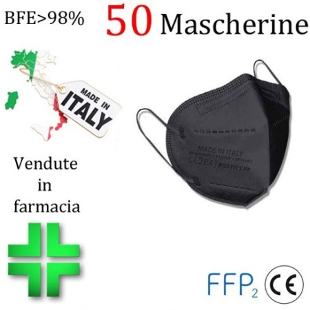50x MASCHERINE FFP2 ITALIANE CERTIFICATE CE COLORE NERO PORTA MASCHERINA OMAGGIO