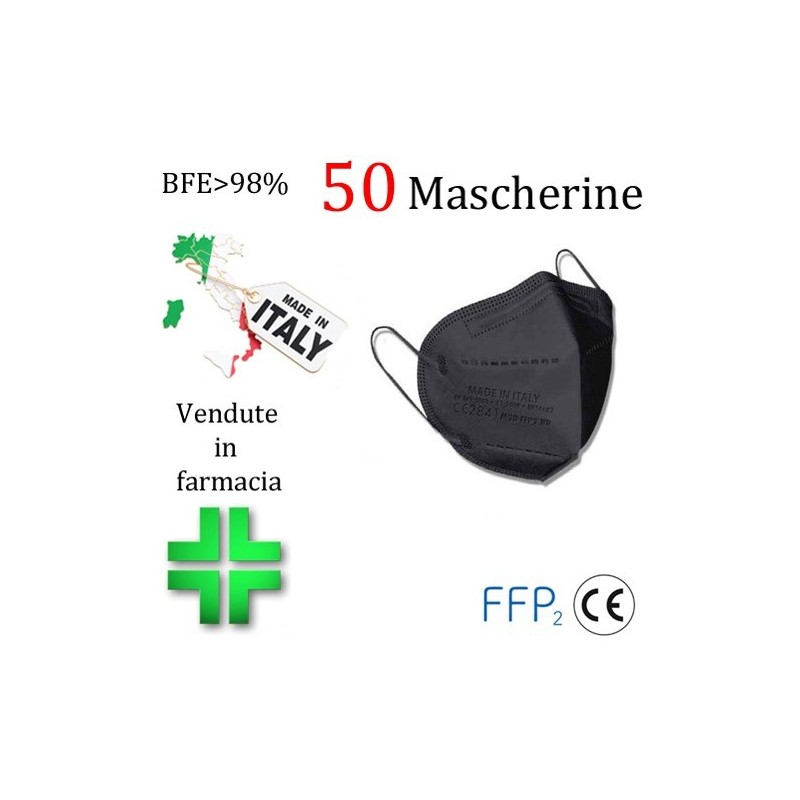 50x MASCHERINE FFP2 ITALIANE CERTIFICATE CE COLORE NERO PORTA MASCHERINA OMAGGIO