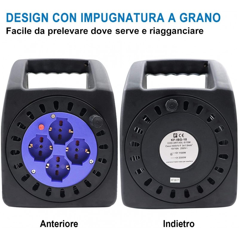 Prolunga cavo elettrico 15 m avvolgicavo con manovella 4 prese schu...