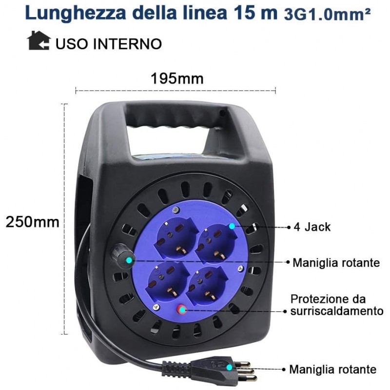 Prolunga cavo elettrico 15 m avvolgicavo con manovella 4 prese schu...
