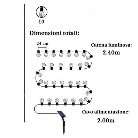 CATENA LUMINOSA LED SOLARE ESTERNO 10 BULBI LAMPADINA TRASPARENTE CALDA