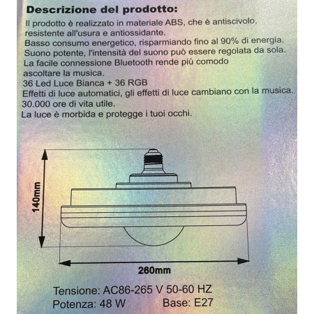 Lampada musicale cassa speaker bluetooth RGB LED 48W telecomando attacco E27