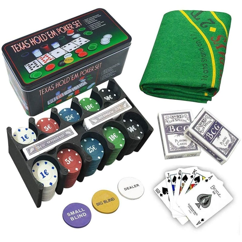 Set Poker 200 Fiches Chips 2 mazzi carte texas hold'em panno deal Gettone Gioco