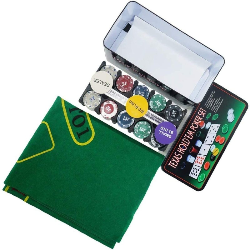 Set Poker 200 Fiches Chips 2 mazzi carte texas hold'em panno deal G...