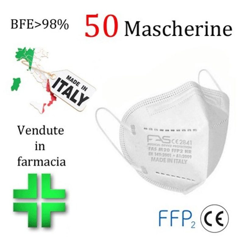FAS 50X MASCHERINE FFP2 ITALIANE CERTIFICATE CE COLORE BIANCO monou...
