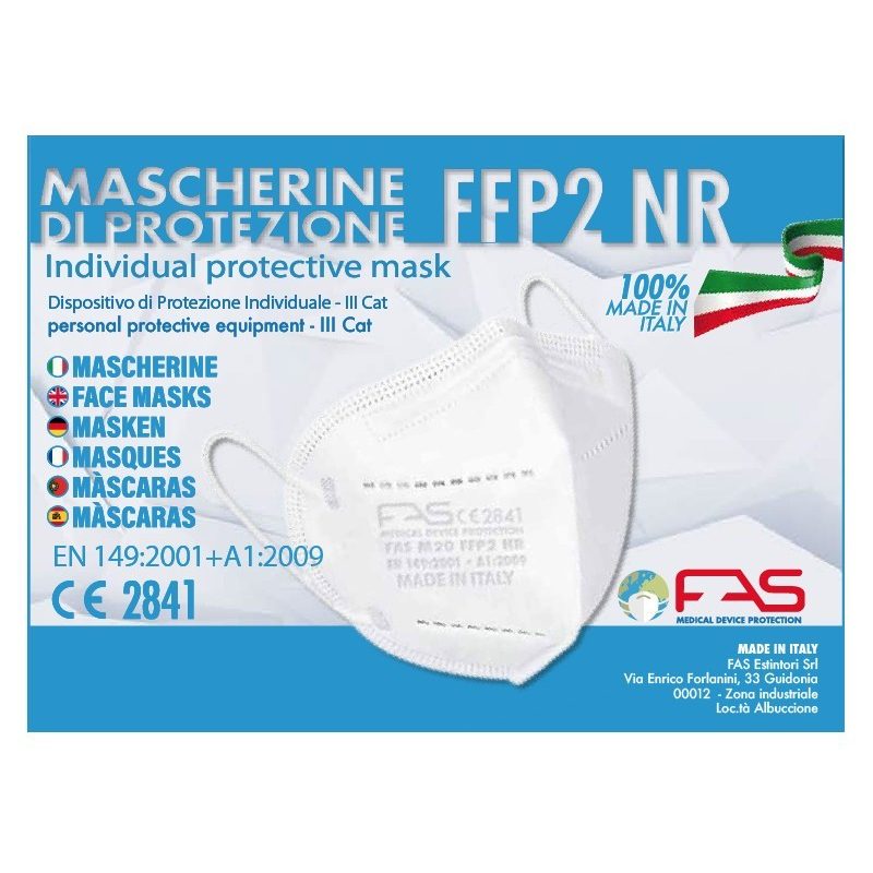 FAS 50X MASCHERINE FFP2 ITALIANE CERTIFICATE CE COLORE BIANCO monou...