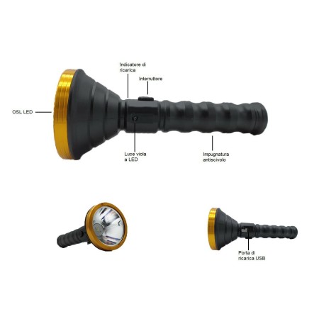 Torcia LED UV Multifunzione Ricaricabile Luce Portatile USB Pesca Lampada Lavoro