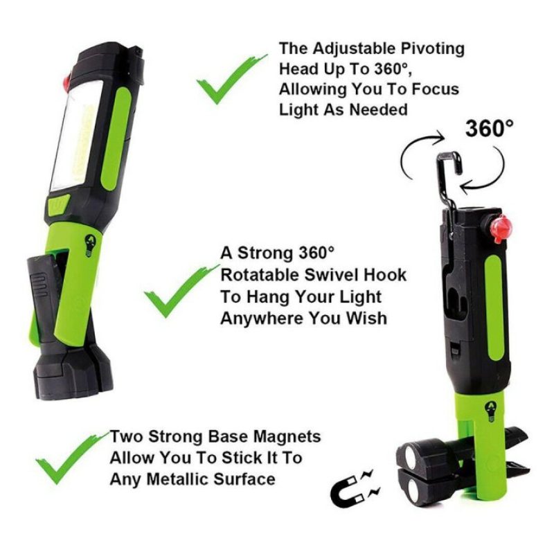 Hongu TORCIA LAMPADA LAVORO LED COB MARTELLO OFFICINA MAGNETICO TAG...