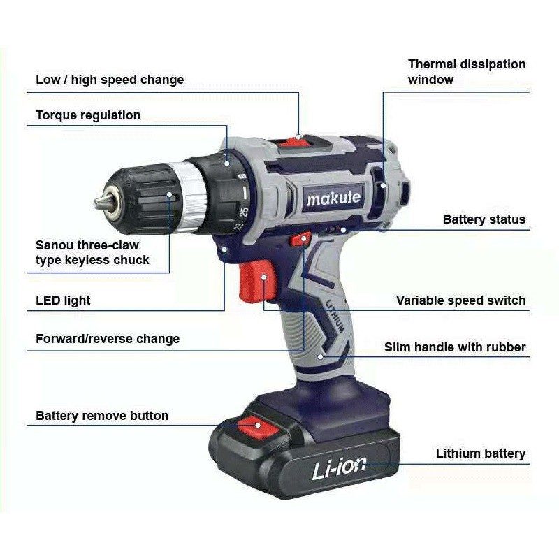 Makute Trapano avvitatore a batteria Litio Valigetta 20V LED Cordle...