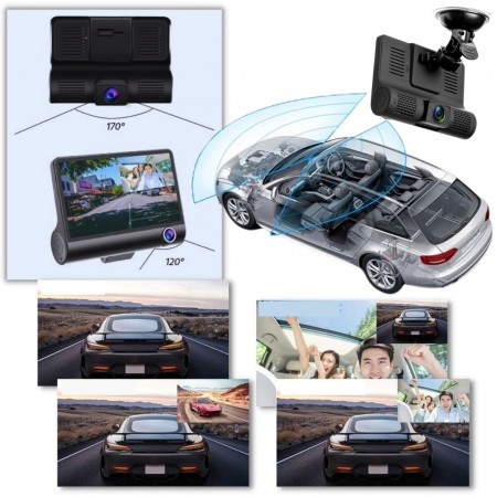 Telecamera videocamera per auto Full HD 1080p DVR monitor LCD DASH CAM 3 lenti