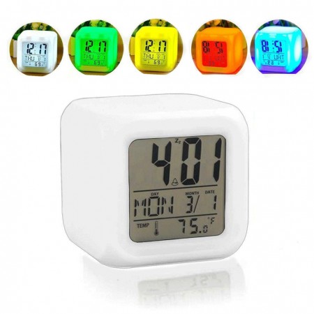 Cubo Orologio Sveglia Digitale Luce LED Multi Colore Termometro Data Bianco