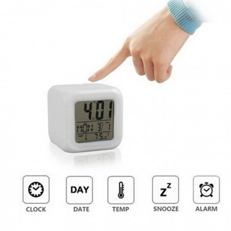 Cubo Orologio Sveglia Digitale Luce LED Multi Colore Termometro Data Bianco