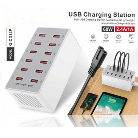 STAZIONE DI RICARICA VELOCE CARICABATTERIE USB 12 PORTE 60W MULTIFUNZIONE PRESA