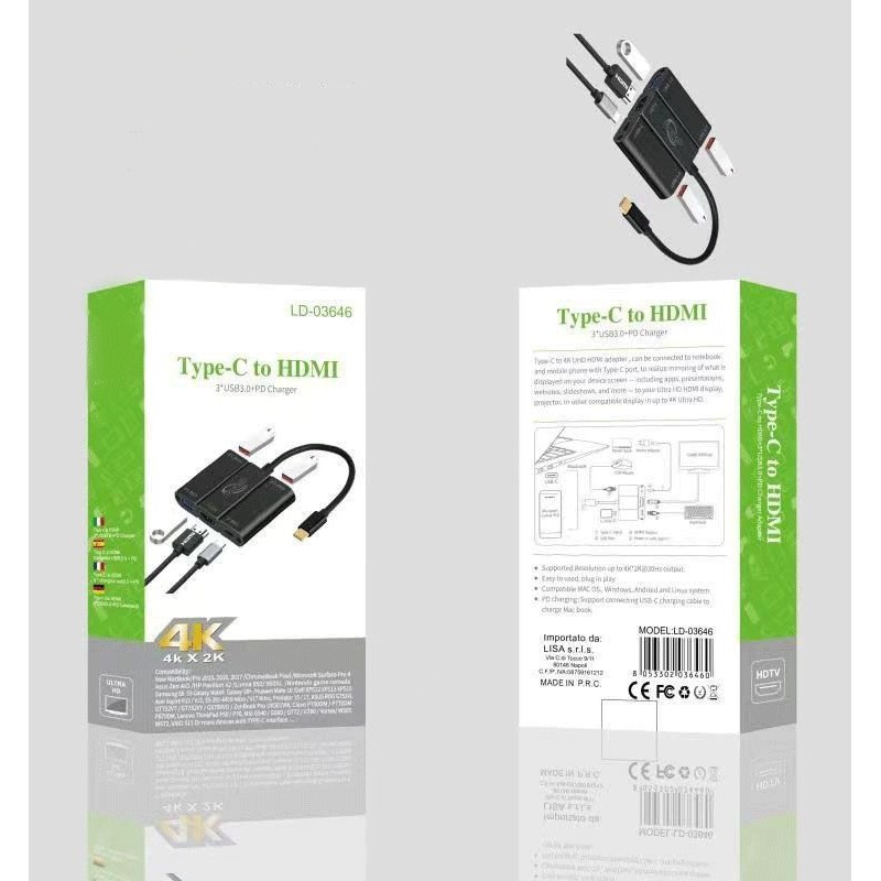 Hongu ADATTATORE Hub USB-C tipo C CAVO USB 3.0 HDMI 4K MacBook PC N...