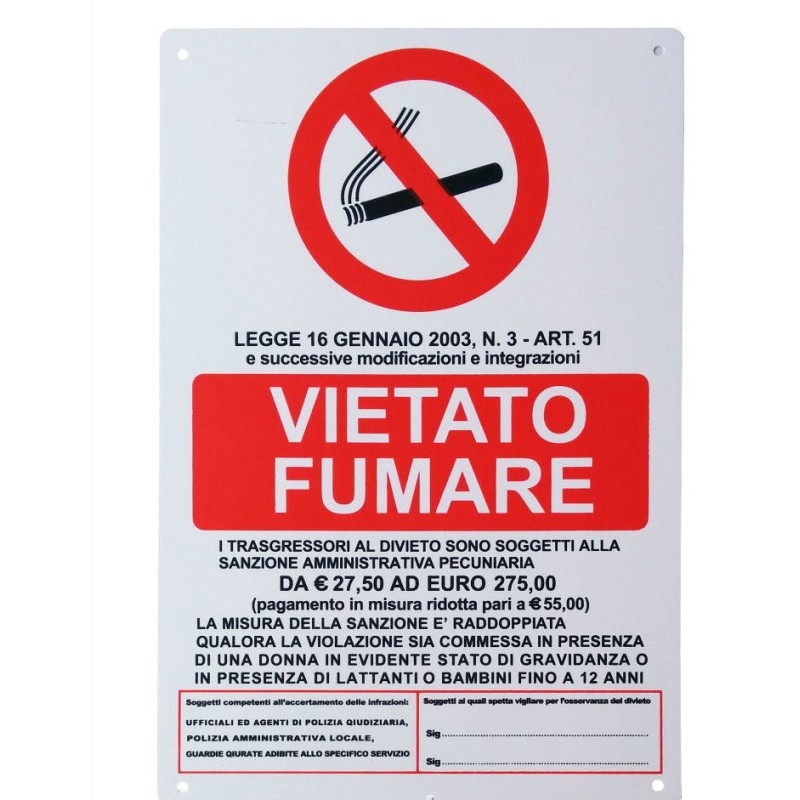 Hongu Cartello Vietato fumare Legge 16 Gennaio 2003 N.3 - ART.51 20...