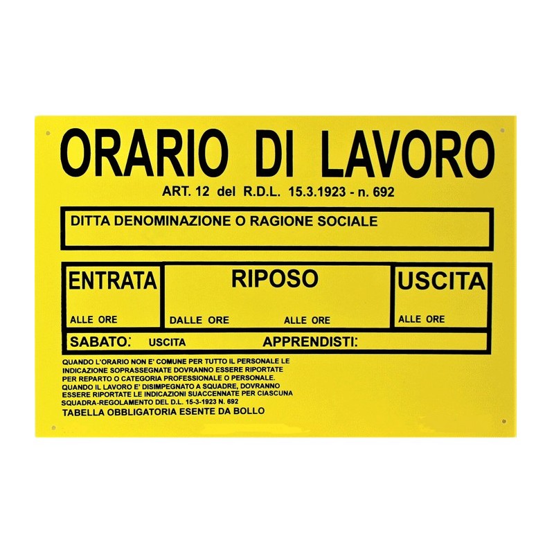 Cartello Orario di Lavoro 30 x 20 cm PVC Segnaletico targa negozio ufficio