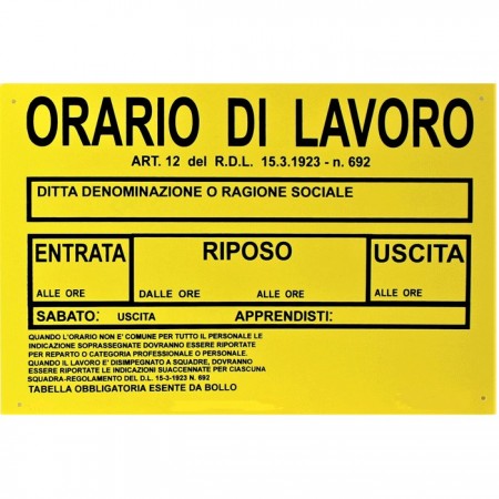 Cartello Orario di Lavoro 30 x 20 cm PVC Segnaletico targa negozio ufficio