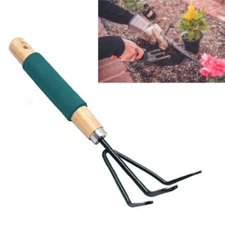 Rastrello giardino attrezzi 3 denti manico legno strumenti forchetta utensili