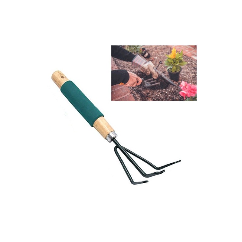 Hongu Rastrello giardino attrezzi 3 denti manico legno strumenti fo...