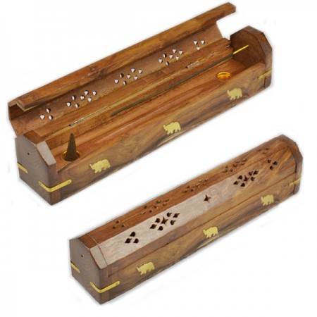 Contenitore brucia porta incenso legno indiano yoga meditazione elefanti scatola