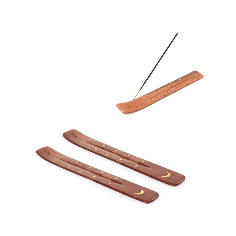 2x PORTA BRUCIA INCENSI LEGNO CM 25 CON INTARSI OTTONE PER INCENSI IN STICK