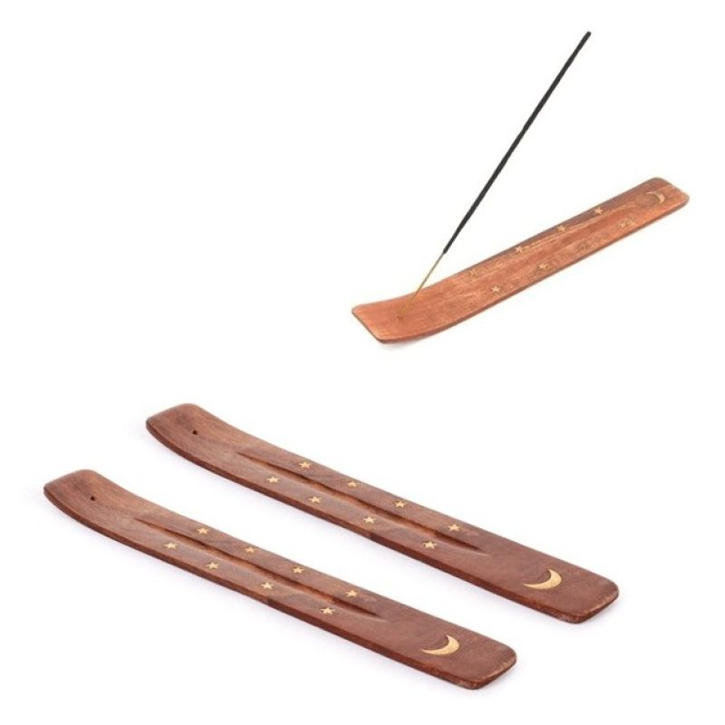 Hongu 2x PORTA BRUCIA INCENSI LEGNO CM 25 CON INTARSI OTTONE PER IN...
