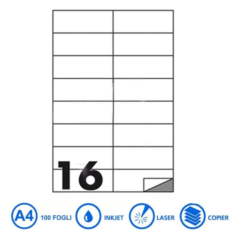 Hongu 100 FOGLI A4 CARTA ADESIVA 1600 ETICHETTE 105x37 mm INKJET LA...