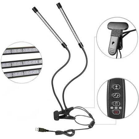 Lampada Piante coltivazione 2 Teste 360° Flessibile Timer Automatico 40 led 20W
