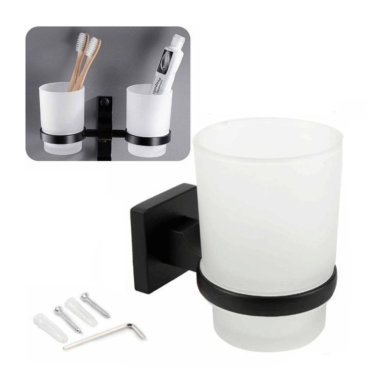 BICCHIERE CON SUPPORTO BAGNO PORTA SPAZZOLINO DENTI MURO CASA NERO 02101 acciaio
