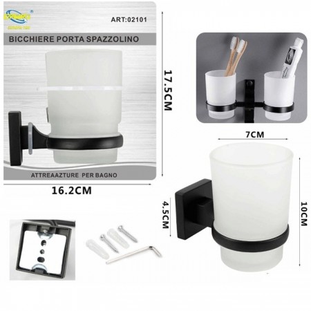 BICCHIERE CON SUPPORTO BAGNO PORTA SPAZZOLINO DENTI MURO CASA NERO 02101 acciaio