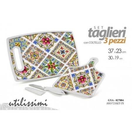 SET 2 TAGLIERI TAGLIERE 37*23 & 30*19 CM + COLTELLO CUCINA DECORATI TERRA E SOLE