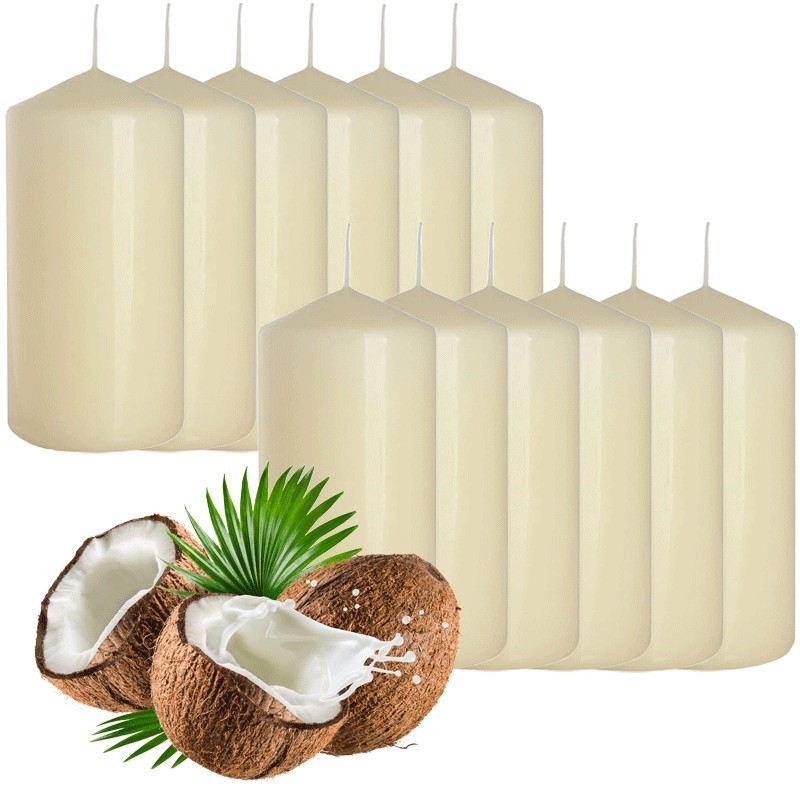 SET 12 CANDELE CANDELA LUMINI IN VERA CERA BIANCHE AL COCCO DECORAZIONE 12X6 CM