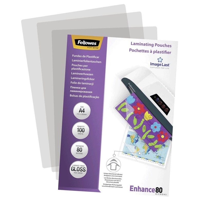 100 pouches ENHANCE 80 micron A4 Fellowes Pouches Di Plastificazione Documenti