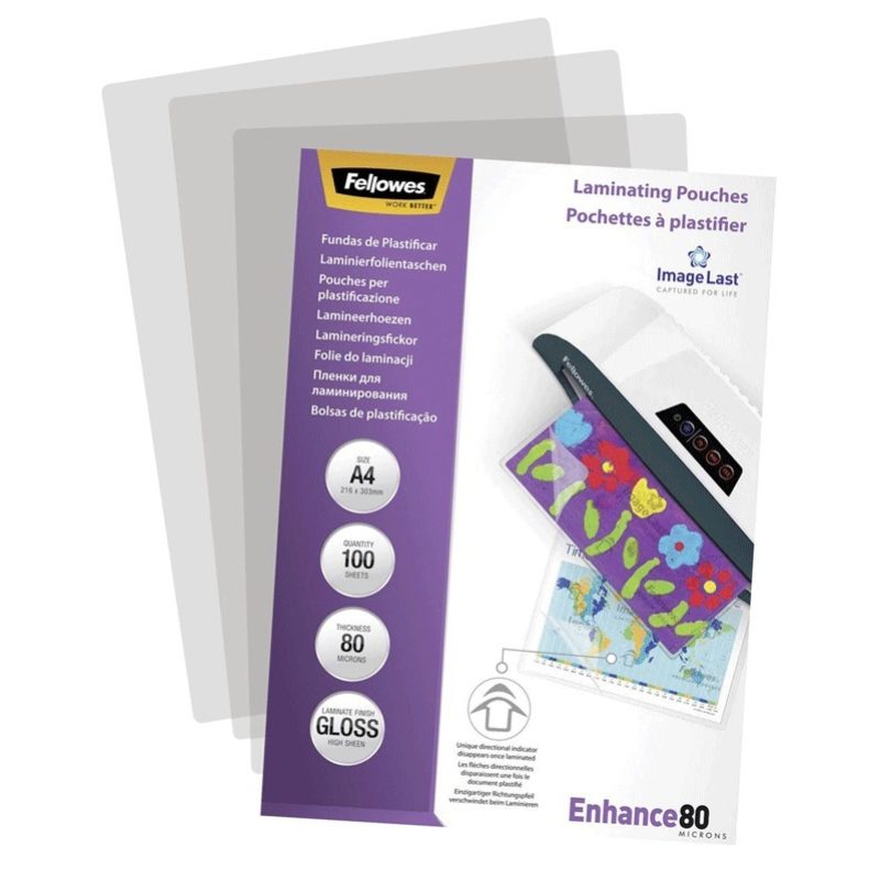 Fellowes 100 pouches ENHANCE 80 micron A4 Fellowes Pouches Di Plast...