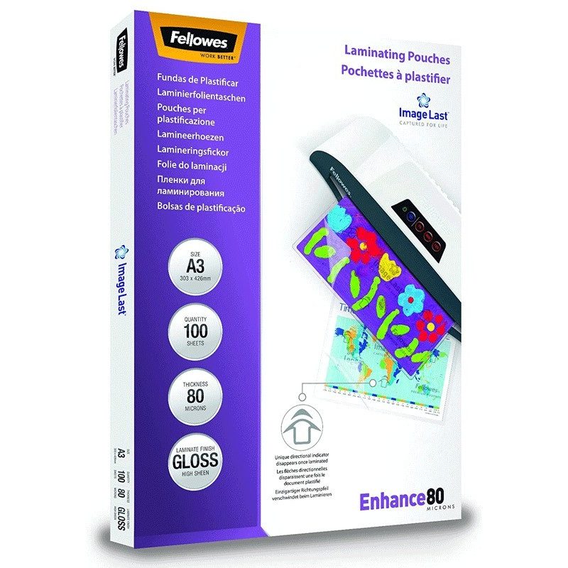 Fellowes 100 pouches ENHANCE 80 micron A3 Fellowes Pouches Di Plast...