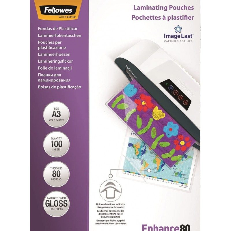 Fellowes 100 pouches ENHANCE 80 micron A3 Fellowes Pouches Di Plast...