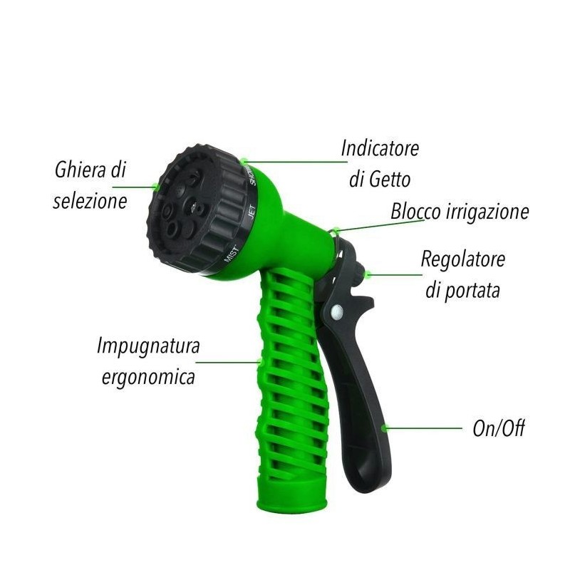 Tubo irrigazione da giardino allungabile elastico estensibile pistola multigetto 45m