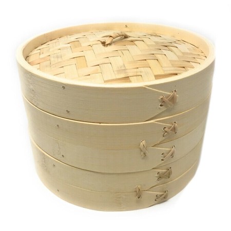 Vaporiera in legno bambù cottura a vapore 2 cestelli cesto con coperchio 18/24cm