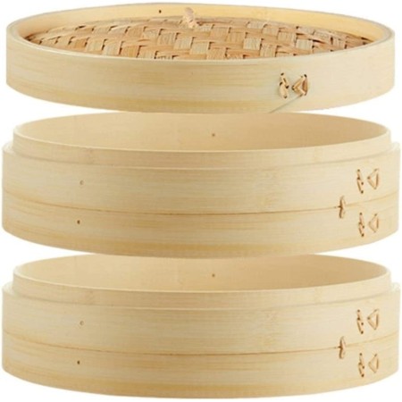 Vaporiera in legno bambù cottura a vapore 2 cestelli cesto con coperchio 18/24cm