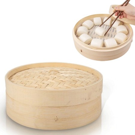 Vaporiera cuocivapore bambù bambo contenitore 2 pezzi cottura vapore 18/24/30 cm
