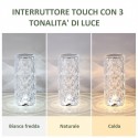 LAMPADA TAVOLO LED RICARICABILE 3 TONALITA' DI LUCE EFFETTO CRISTALLO TOUCH