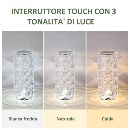 LAMPADA TAVOLO LED RICARICABILE 3 TONALITA' DI LUCE EFFETTO CRISTALLO TOUCH