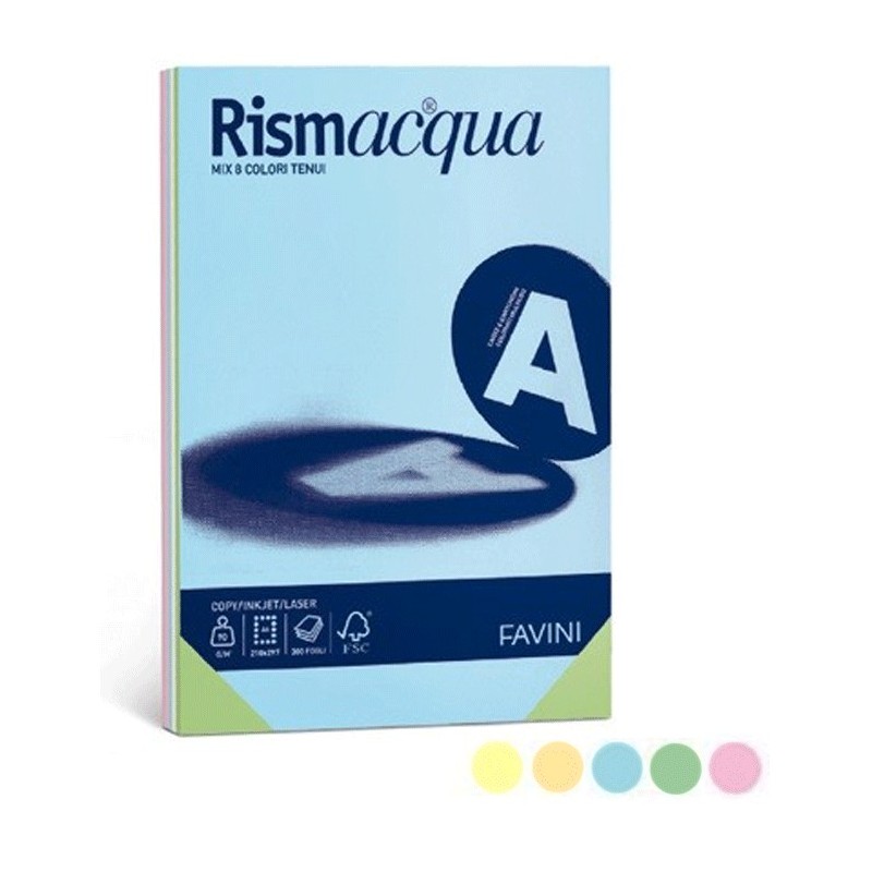 RISMA CARTONCINO RISMACQUA 90GR A3 DA 300 FOGLI TINTA TENUE FAVINI 5 COLORI