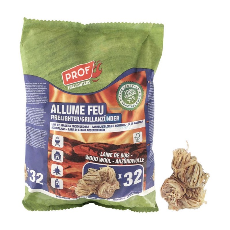 64x Accendifuoco Ecologico in Lana di Legno e Cera NATURALE no Diavolina camino